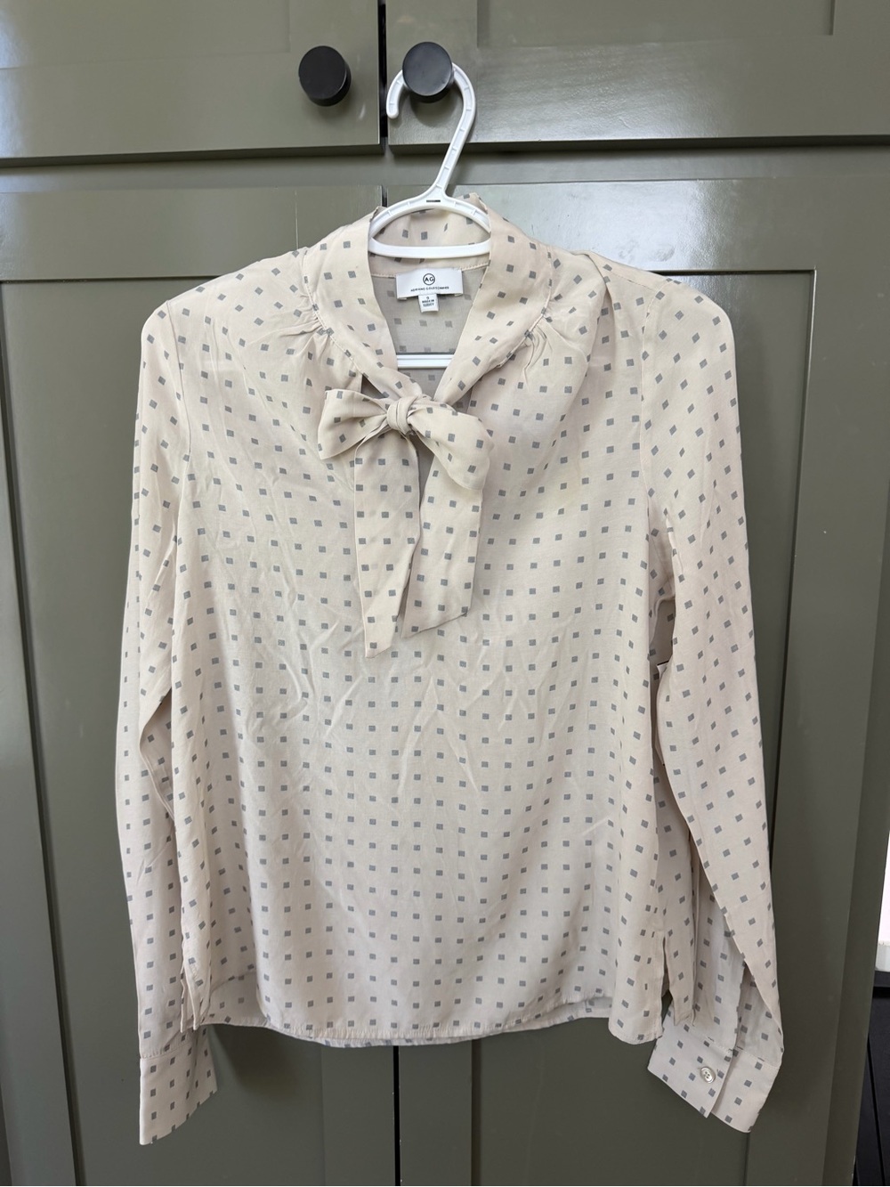 Ag Adriano Goldschmied Cream Bow-Neck Blouse with Gray Square Print